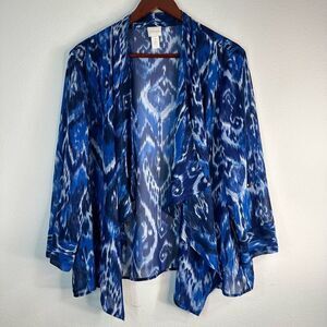 Chico’s Womens Blue Ikat Sheer Kimono Cardigan XL Boho Summer Vacation Glam